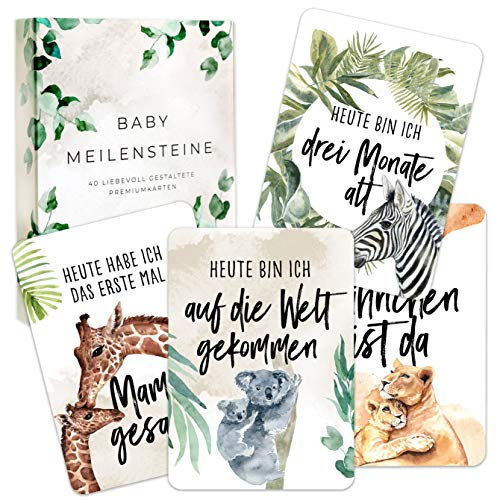 HEJ.CREATION Baby Meilensteinkarten erstes Lebensjahr als Erinnerungskarten in Geschenkbox I Die schönsten Meilensteine der ersten 12 Monate als Geschenk für werdende Mütter und Väter