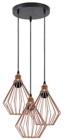 LEDSone 3 Lights Vintage Pendant Light, E27 Rose Gold 20cm Geometric Cage Style Wire Lampshade Industrial Kitchen Lights Ceiling Pendant Lights Ideal for Bedroom Living Dining Room Hallway