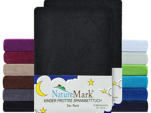 NatureMark Juego de 2 sábanas bajeras ajustables para niños de rizo, suave y acogedora, para cuna y cama infantil, 70 x 140 cm, color negro