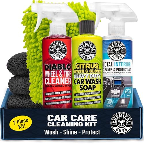 Chemical Guys Car Cleaning Kit - With Car Wash Soap, Wheel Cleaner, Total Interior, Car Wash Mitt - Interior and Exterior Wash Kit With Vehicle Cleaning and Detailing Accessories - 7 Item Kit
