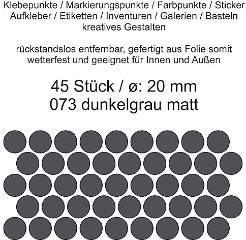 Aufkleber Etiketten Klebepunkte aus Folie 45 Stück grau dunkelgrau matt rund 20 mm selbstklebend farbig wetterfest Decal Markierungen Organisieren DIY basteln verzieren Modellbau Scrapbooking