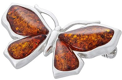 AMBEDORA Damen Brosche Kleiner Schmetterling mit Bernstein, Poliertes Sterling Silber, Baltischer Bernstein in Cognac Farbe