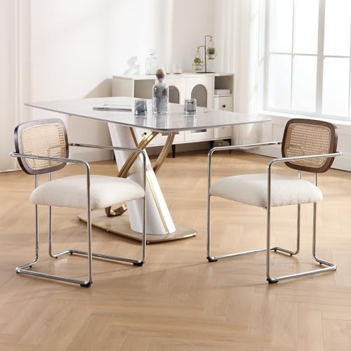 Wahson Esszimmerstühle 2er Set Leinen Küchenstuhl Rattan geflochtene Rückenlehne, Akzentstuhl mit Metallbeine Vintage Polsterstuhl für Esszimmer/Küche/Wohnzimmer,weiß