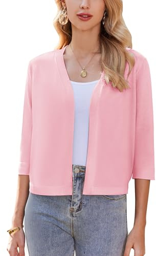 Zeagoo Boléro Femme Festif Élégant Cardigan Solide Boléro Veste Loisirs Manches 3/4 Cardigan Haut Ouvert Devant Boléro Rose L