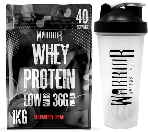 Warrior Whey Protein Powder | High Protein Shake up to 36g for Muscle Growth, Recovery & Lean Muscle | Low Carb, Low Fat, Low Sugar | Gym & Fitness Protein Supplement |Strawberry Crème 1kg + Shaker
