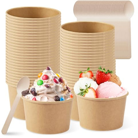 Gobelets à Glace en Papier - Lot de 50 Gobelets Ronds Compostables en Carton 240 Ml Avec 50 Cuillères en Bois, Durables Universels Pour Coupes Glacées, Yaourts