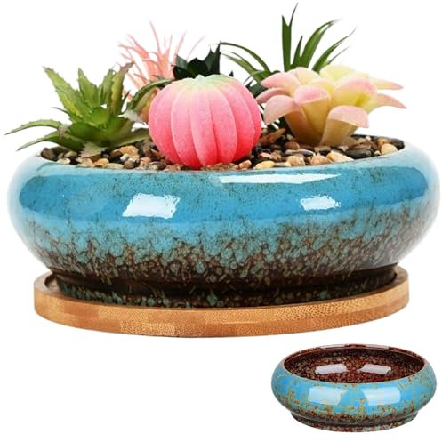 SMELEYOU Lotus Bowl Planter for Lotus Flower Seeds Ceramic Glazed Plant Pots Indoor Round Bonsai Pot Decorative Shallow Hydroponic Planter without Drain for Water Lily, Blue
