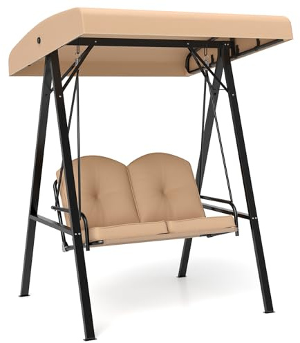 COSTWAY Hollywoodschaukel 2-Sitzer, Gartenschaukel mit Sonnendach & Metallgestell, Outdoor-Schaukel bis 300kg Belastbar, Schaukelbank Wasserabweisend für Veranda, Hof, Garten