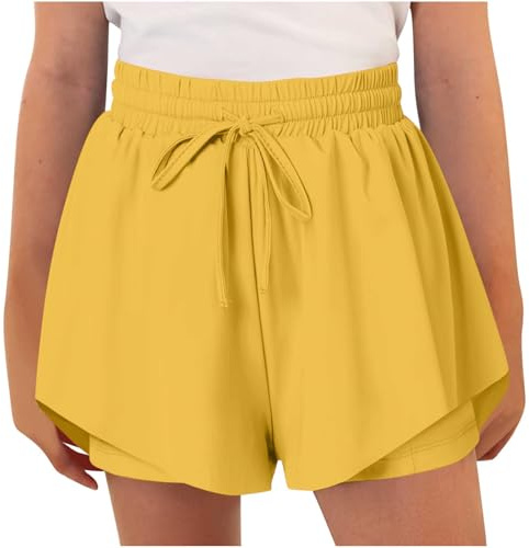 Flowy Athletic Shorts for Girls Butterfly Shorts for Kids Teens Preppy Tennis Running Athletic Short with Liner 2-In-37 Double Layer Quick-Drying Comfy Short Pants Summer Clothes 8-9 Years Yellow