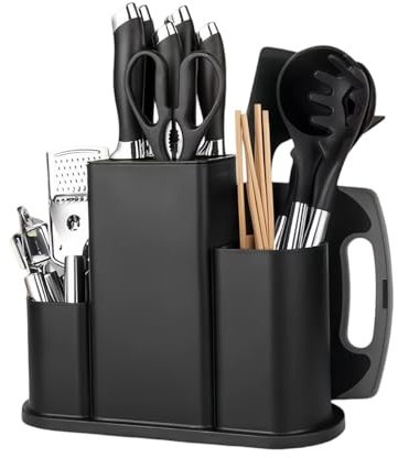 4 en 1 Bloque de Cuchillos Cuadrado, Soporte Cuchillos Cocina Negro, Porta Cuchillos Universal, Cuchillero para Cocina Sin Cuchillo, Portacuchillas con Ranura Extraíble y Orificio de Drenaje (Negro)