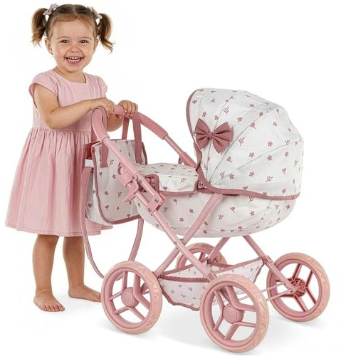 Puppenkinderwagen ab 2 Jahre – Faltbarer Puppenwagen für Kinder mit Tasche & Korb, Leise Räder, Leichter Puppen Buggy Spielzeug für Mädchen