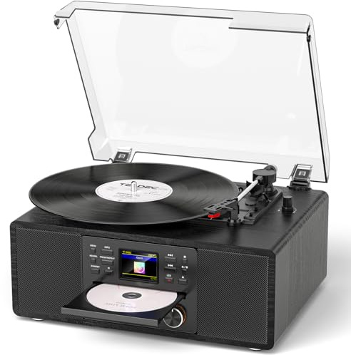 Bluetooth Vinyl Record Player with CD & Internet Radio, 3-Speed Belt-Drive Turntable with USB Recording, AUX/RCA Output, Tone & Remote Control, Vintage Black Vinyl Player for Home Entertainment & Gift