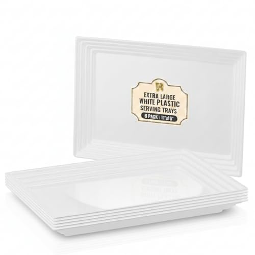 6 Pack Extra Large Plastic Serving Trays for Party - 16 x 11 White Large Serving Tray - Heavy Duty White Plastic Trays for Food - Rectangular Party Serving Trays and Platters