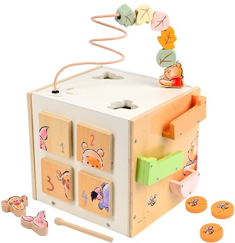 Disney Winnie the Pooh Wooden Activity Cube, Multi-Activity Toy, Age 1+ | Bead Maze, Shape Sorter, Xylophone & Puzzle, Early Learning for Cognitive Development & Motor Skills