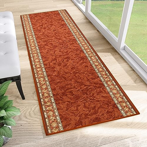 TAPISO Anti Rutsch Teppich Läufer rutschfest Brücke Meterware Orange Gelb Ornament Design Meliert Flur Küche Wohnzimmer 80 x 400 cm