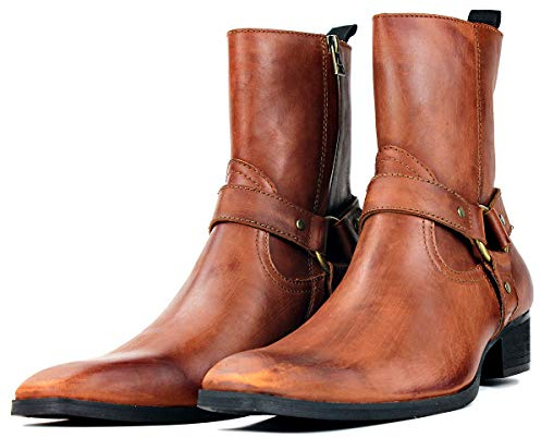 COWSDELLA =Stivali da uomo in pelle con suola in gomma Stivali da Moto da Motociclista Cowboy con cerniera Chukka Stivaletti Classico Tacco Alto &B25