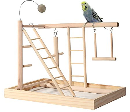 JasCherry Vogel Spielplatz Papagei Spielplatz Holz Gym Vogelständer Barsch Turnhalle Leiter Laufgitter Spielzeug Übungsspiel für Wellensittiche Nymphensittich mit Tablett Schaukel #C