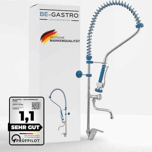 BE-GASTRO | Rubinetto professionale set di prelavaggio stoviglie per cucine di ristoranti Gruppo doccia con miscelatore monoforo, monocomando multigiro e Rubinetteria