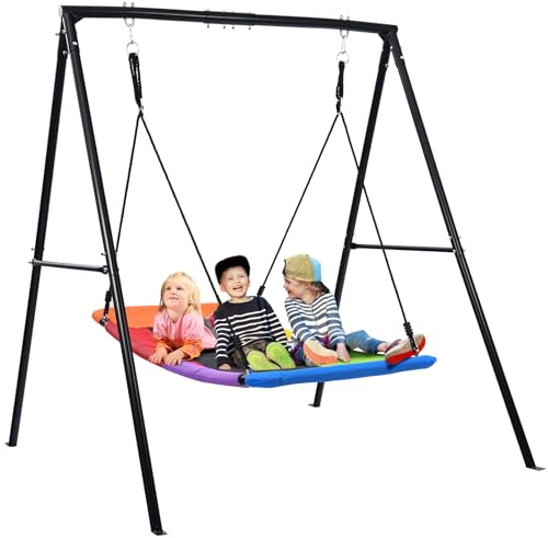 Trekassy Swing Sets for Backyard, 440lbs Heavy Duty A-Frame Metal Stand with 60 Large Platform Swing for Outdoor Playground Park (Black Frame + Rainbow Swing)（Patented）