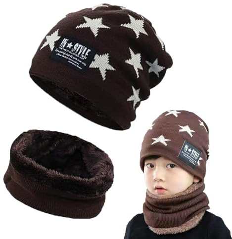Gxlaihly Gorro de invierno para niños,Conjunto de Gorro de Punto Invierno Térmico y Bufanda para Niños,Gorra con bufanda de punto con Forro de Lana para Niños y Niñas, 4-15 años (marrón)