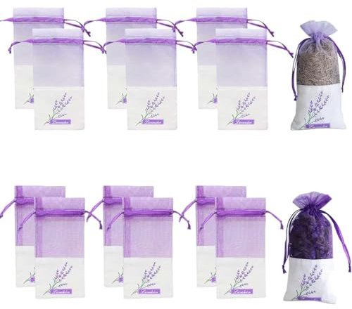 JTKREW 12 Stück Säckchen für Lavendel Leer,Lavendelsäckchen,Duftsäckchen Kleiderschrank, Stoffsäckchen Zum Befüllen Beutel Bags Leinensäckchen Schrank Gegen Motten Lila Kordelzug Gaze Baumwolle