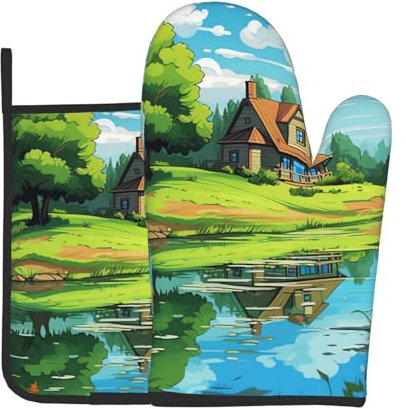 Oven Mitts And Pot Holders Sets of 2 Cartoon Hut Funny Oven Mitt Kitchen Gloves Non-Slip Heat Resistant Pot Pads For Cooking Baking BBQ