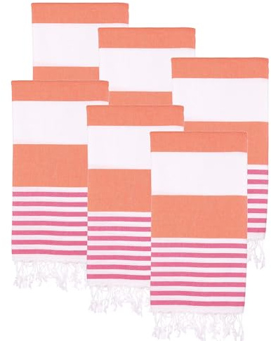 PADISHAHHOME Turkish Beach Towels Set of 6 | Oversized, Quick Dry, Sand Free | 100% Cotton, Large 38x71 Towels for Beach, Pool, Travel | Ultra-Soft, Compact, and Absorbent | Orange/Fuchsia