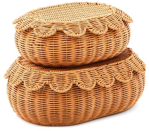 Juexica 2 Pcs Scalloped Rattan Baskets, Baby Diaper Caddy, Woven Rattan Wicker Storage Baskets with Lid for Nursery Storage Diaper Organizer Bathroom Decor (Dark Brown,Small,Medium)