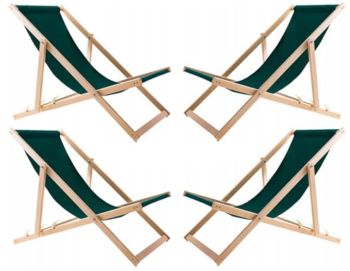 WOODOK Set di 4 sedie a sdraio in legno di faggio, Lettino da sole, da spiaggia, giardino, balcone e terrazza, pieghevole fino a 120kg Tessuto rimovibile e lavabile (Verde)