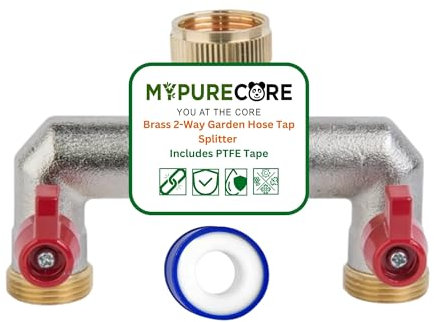 MYPURECORE Brass 2-Way Garden Hose Tap Splitter with PTFE Tape – Durable 3/4 Outdoor Tap Connector with Individual Valves | Brass Hose Connector for Garden Irrigation, Hosepipe Fittings & Adapters