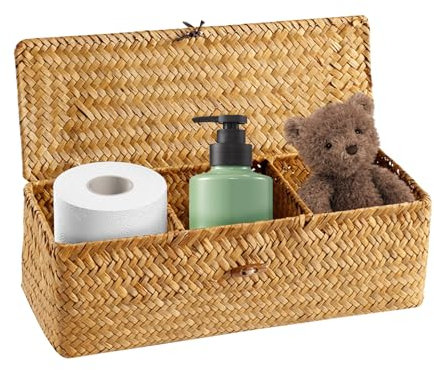 Cesto portaoggetti in rattan con coperchio, in tessuto intrecciato a mano, con coperchio, contenitore intrecciato, per il bagno, per la conservazione