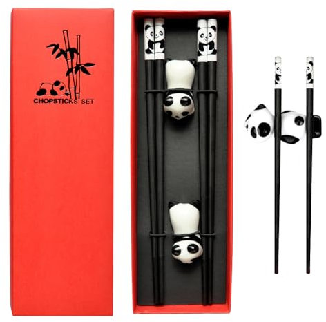 CEWROM Set di bacchette con 2 supporti in ceramica panda cinese, 2 paia di bastoncini per sushi antiscivolo, riutilizzabili, 24 cm, lavabili in lavastoviglie, in confezione regalo abbinata
