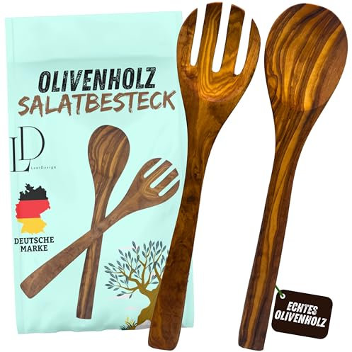 Leni Design Olivenholz Salatbesteck | DAS ORIGINAL | Holz Salatbesteck aus Olivenholz 30cm | Servierbesteck mit Salatgabel und Salatlöffel, auch als Kochlöffel oder Pfannenwender einsetzbar (30cm)