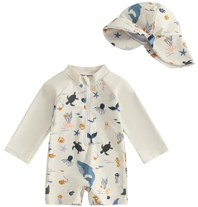 WYTbaby baby pojke rashguard baddräktsset med solhatt, långärmad endelad dragkedja soldräkt för spädbarn/småbarn 0-3T, BEIgE, 2-3 �r