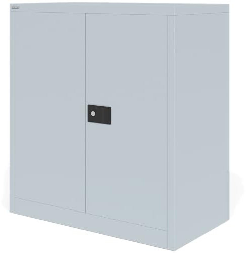 BISLEY Universal Flügeltürenschrank abschließbar - Stahlschrank mit 3-Punkt-Schloss, Tiefe: 50 cm - Werkstattschrank aus Metall mit 1 verzinkten Fachboden für 2 Reihen - Farbe: lichtgrau