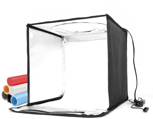 REFLEX CAMERA 30 × 30 × 30 cm (30,5 x 30,5 x 30,5 cm) Boîte à lumière pliable portable | 120 perles LED à intensité variable 3200-5500 K | 6 toiles de fond en PVC | Boîte à lumière alimentée par USB