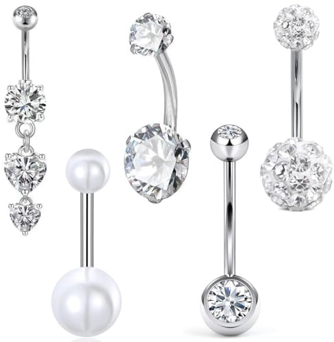 JYNXOR 5 Pcs Piercing nombril Acier Chirurgical Argent, 14G 8mm 10mm Court piercing nombril en acier inoxydable pour femmes CZ perle anneaux ventre cœur piercing nombril bijoux
