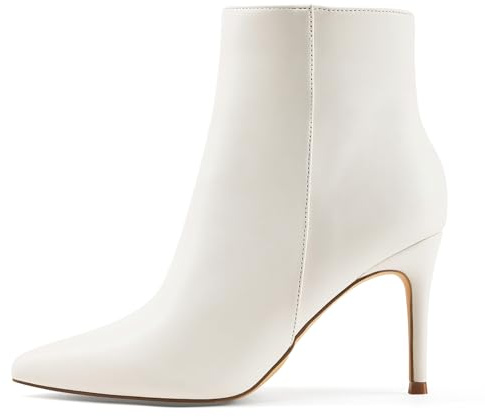Zhabtuc Botines de tacón 8 cm mujer otoño-invierno – Punta cerrada tipo stiletto para trabajo, fiesta, viaje, Beige, 42 EU