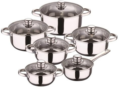Well Home Juego de Batería de Cocina de 12 Piezas en Acero inoxidable con Bases de inducción y mangos ergonómicos