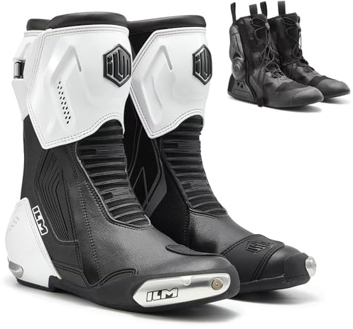 ILM Motorcycle Racing Boots Enhanced Ventilation Anti Slip Street Riding Sport Footwear CE Protective Gear Model BRC1 (Black White, 8.5)