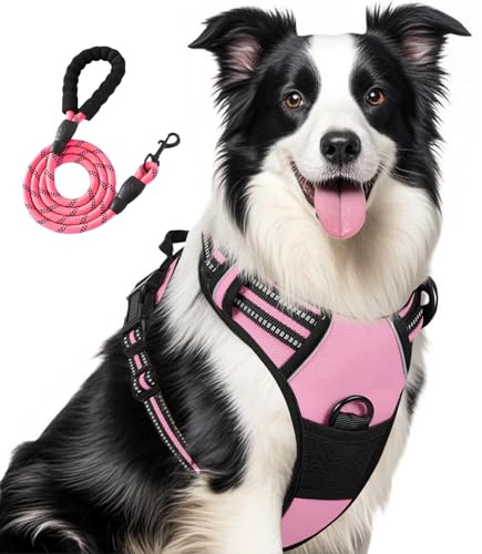 Jomkig Adjustable No Pull Dog Harness with Easy Control Soft Padded Handle for Large Dogs Reflective Breathable Pet Vest Outdoor Walking Training, Pink, Large