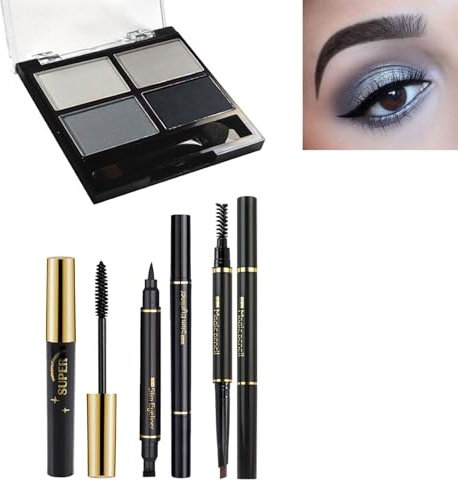 4-in-1 Eye Makeup Kit for Women, 4 Colour Smoky Eyeshadow Palette Black Duo Eyeliner Eyebrow Pencil Volume Mascara, Starter Travel Makeup Gift Set for Women