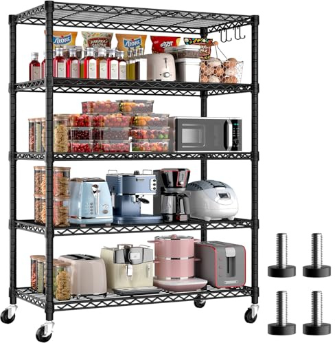 BuxWellBang Scaffali in filo metallico con ruote, 91 cm x 40 cm x 193 cm, 5 ripiani, certificato NSF, resistente, regolabile, per cucina, dispensa, garage, armadio