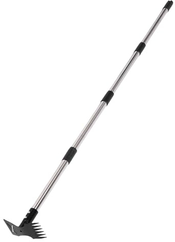 SUNGOOYUE Outil de Désherbage à Long Manche, Râteau à Mauvaises Herbes 2 en 1, Houe à Action Manuelle en Acier allié, Outil de Désherbage Manuel pour Fermes, Patio, Terrasse, 1 Tête, 4 Barres