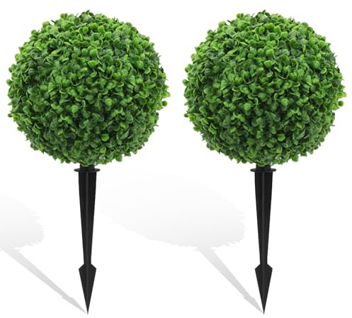 Set of 2 Artificial Topiary Boxwood Ball Trees 18'' Faux Cypress Plants with Ground Spike Evergreen Artificial Bushes for Front Porch Garden Balcony Front Door UV Protection Fade Resistant