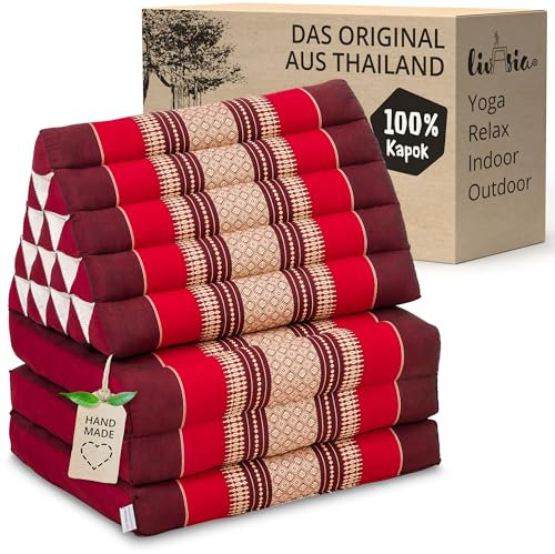 livasia Thaikissen 3 Auflagen extrahoch - 185x55x8cm - Dreieckskissen mit Klappmatratze, Kapok, Jumbo Rückenkissen faltbar, Thaimatte Klappen, handgefertigt, Meditationskissen (Rubinrot)