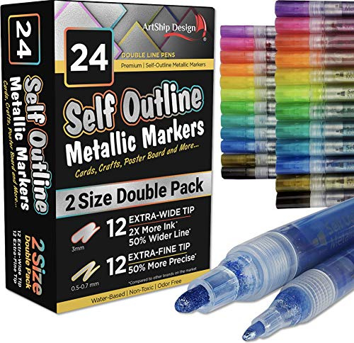24 Self Outline Metallic Markers, Paint Pen Double Pack of Both Extra Fine Tip and Medium Tip, Double Line Markers, Self Outline Paint Pens, Journal Pens, Scrap Booking, Cards, DIY Crafts