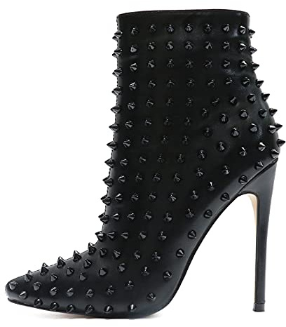 COLETER Women's Fashion Black Ankle Boots with Rivets Closed Pointed Toe Stilettos Autumn Warm Dress Booties Black 8.5 US