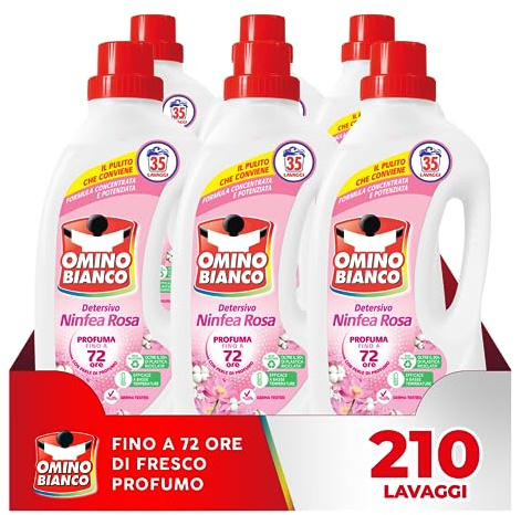 Omino Bianco - Detersivo Lavatrice Liquido, 210 Lavaggi, Rispetta Colori e Tessuti, Fresco Profumo di Ninfea Rosa, 1400 ml x 6 Confezioni