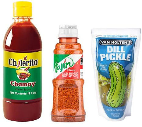 TLT FOODS - PACK Chilerito Salsa Chamoy 355ml + Van Holten's Dill Pickle (Pepinillo gigante americano encurtido) + Tajín Clásico Mezcla de chiles 142g